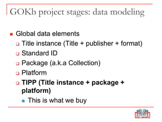 GOKb project stages: data modeling
 Global data elements
 Title instance (Title + publisher + format)
 Standard ID
 Package (a.k.a Collection)
 Platform
 TIPP (Title instance + package +
platform)
 This is what we buy
 