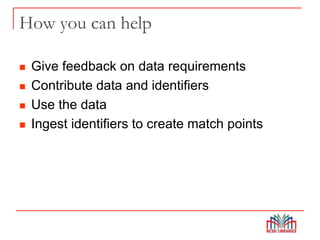 How you can help
 Give feedback on data requirements
 Contribute data and identifiers
 Use the data
 Ingest identifiers to create match points
 