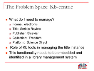 The Problem Space: Kb-centric
 What do I need to manage?
 Format: electronic
 Title: Serials Review
 Publisher: Elsevier
 Collection: Freedom
 Platform: Science Direct
 Role of Kb tools in managing the title instance
 This functionality needs to be embedded and
identified in a library management system
 