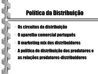 Política da Distribuição

a   Os circuitos da distribuição
a   O aparelho comercial português
a   O marketing mix dos distribuidores
a   A política de distribuição dos produtores e
    as relações produtores-distribuidores
 