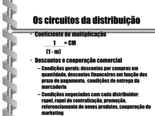 Os circuitos da distribuição
• Coeficiente de multiplicação
          1 = CM
      (1 - m)
• Descontos e cooperação comercial
  – Condições gerais: descontos por compras em
    quantidade, descontos financeiros em função dos
    prazo de pagamento, condições de entrega da
    mercadoria
  – Condições negociadas com cada distribuidor:
    rapel, rapel de centralização, promoção,
    referenciamento de novos produtos, cooperação de
    marketing
 