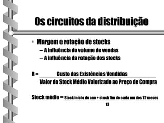 Os circuitos da distribuição
• Margem e rotação de stocks
     – A influência do volume de vendas
     – A influência da rotação dos stocks

R=          Custo das Existências Vendidas
     Valor do Stock Médio Valorizado ao Preço de Compra

Stock médio = Stock início do ano + stock fim de cada um dos 12 meses
                                        13
 