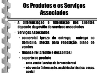 Os Produtos e os Serviços
              Associados
a   A diferenciação e fidelização dos clientes
    depende da gestão de serviços associados
a   Serviços Associados
     • comercial (prazo de entrega, entrega ao
       domicilio, stocks para reposição, plano de
       vendas
     • financeiro (crédito e descontos)
     • suporte ao produto
       – ante-venda (serviço de fornecedores)
       – pós-venda (informação, assistência técnica, peças,
         apoio)
 