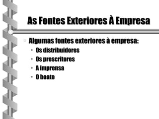 As Fontes Exteriores À Empresa
a   Algumas fontes exteriores à empresa:
    •   Os distribuidores
    •   Os prescritores
    •   A imprensa
    •   O boato
 