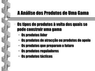 A Análise dos Produtos de Uma Gama

a   Os tipos de produtos à volta dos quais se
    pode construir uma gama
    •   Os produtos líder
    •   Os produtos de atracção ou produtos de apelo
    •   Os produtos que preparam o futuro
    •   Os produtos reguladores
    •   Os produtos tácticos
 