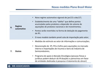 Novas medidas Plano Brasil Maior


                  • Novo regime automotivo vigorará de jan/13 a dez/17;
                  • Estabelecimento de uma “tablita” que define pontos
                    acumulados pelos produtos a depender do volume de
     Regime         aquisições de produtos nacionais e de investimentos;
6.
     automotivo
                  • Pontos serão revertidos na forma de dedução do pagamento
                    de IPI;
                  • O novo modelo também prevê cota de importação pelo setor;
                  • Medidas de estímulo ao setor de informações e comunicações;

                  • Desoneração de IPI, PIS e Cofins para aquisições no mercado
                    interno e importações de insumos e bens da indústria de
7.   Outros         Semicondutores;

                  • Programa de apoio à Atenção Oncológica (pessoas físicas e
                    jurídicas podem deduzir do IR doações e patrocínios em favor
                    de entidades dedicadas à pesquisa e tratamento do câncer)

                                                                                   4
 