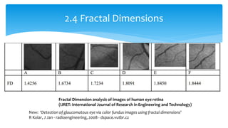 2.4 Fractal Dimensions
Fractal Dimension analysis of images of human eye retina
(IJRET: International Journal of Research in Engineering and Technology)
New: ‘Detection of glaucomatous eye via color fundus images using fractal dimensions’
R Kolar, J Jan - radioengineering, 2008 - dspace.vutbr.cz
 