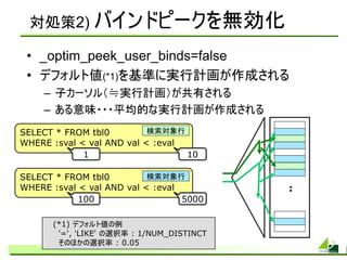 対処策2) バインドピークを無効化

 • _optim_peek_user_binds=false
 • デフォルト値(*1)を基準に実行計画が作成される
    – 子カーソル（≒実行計画）が共有される
    – ある意味・・・平均的な実行計画が作成される
SELECT * FROM tbl0         検索対象行
WHERE :sval < val AND val < :eval
             1                    10

SELECT * FROM tbl0         検索対象行
WHERE :sval < val AND val < :eval          :
            100                   5000

      (*1) デフォルト値の例
       '=', 'LIKE' の選択率 : 1/NUM_DISTINCT
       そのほかの選択率 : 0.05
 