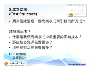 8.成本結構
(Cost Structure)
• 用來描繪營運一個商業模式所引發的所有成本

請試著思考？
• 什麼是我們商業模式中最重要的固有成本？
• 那些核心資源花費最多？
• 那些關鍵活動花費最多？
Ex. 1.軟體開發
    2.管理成本
 