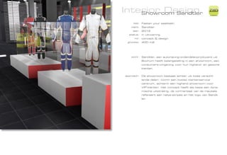 Interior Design
    Showroom Sandtler
                                                          ZiMD

     ttel:   Fasten your seatbelt!
    klant:   Sandtler
     jaar:   2012
  status:    in uitvoering
      rol:   concept & design
 grootte:    400 m2




   work:     Sandtler, een autoracing-onderdelenproducent uit
             Bochum heeft belangstelling in een showroom, een
             consumers-omgeving voor hun highend- en gewone
             klanten.


approach:    De showroom bestaat echter uit twee verschil-
             lende delen: voorin een lowtec klantenservice
             centrum, achterin een highend showroom voor
             VIP-klanten. Het concept heeft als basis een dyna-
             mische uitstraling, de vormentaal van de meubels
             refereert aan rallye-stripes en het logo van Sandt-
             ler.
 
