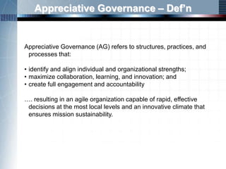 Appreciative Governance – Def’n


Appreciative Governance (AG) refers to structures, practices, and
 processes that:

• id...