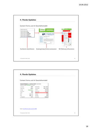 19.04.2012




4. Panda Updates


Content Farms und ihr Geschäftsmodell:




Suchterme identifizieren              Kostengünstig Content produzieren   Mit Werbung refinanzieren




© Yourposition GmbH, Zürich                                                                           35




4. Panda Updates


Content Farms und ihr Geschäftsmodell:




Quelle: http://finance.yahoo.com/q?s=DMD




© Yourposition GmbH, Zürich                                                                           36




                                                                                                                  18
 