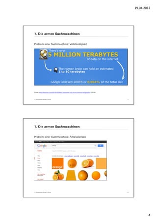 19.04.2012




1. Die armen Suchmaschinen


Problem einer Suchmaschine: Vollständigkeit




Quelle: http://theroxor.com/2010/10/28/the-awesome-size-of-the-internet-infographic/ (2010!)




© Yourposition GmbH, Zürich                                                                    7




1. Die armen Suchmaschinen


Problem einer Suchmaschine: Ambivalenzen




© Yourposition GmbH, Zürich                                                                    8




                                                                                                           4
 