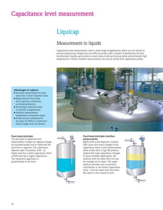 16
Capacitance level measurement
Liquicap
Measurement in liquids
Capacitance level measurement covers a wide range of applications which are not limited to
process engineering. Simple and cost-effective probes offer a wealth of possibilities for level
monitoring in liquids, particularly in small tanks, build-up forming media and extremely high
temperatures. Certain interface measurements can also be solved with capacitance probes.
Advantages at a glance
•	Accurate measurement in small
tanks due to short response times
•	Measurement from probe
end to process connection,
no blocking distance
•	Technology tried and tested
in millions of applications
•	Interface measurement
independent of emulsion layers
•	Probes are pre-calibrated for
full span (0-100%) in conductive
fluids straight from the factory
Functional principle
The principle of capacitive level
measurement is based on capacity change.
An insulated probe (rod or cable) and the
tank form a capacitor. The capacitance
depends upon the product level - an
empty tank has a lower capacitance while
a filled tank has a higher capacitance.
The measured capacitance is
proportionate to the level.
Functional principle interface
measurement
Media with a low dielectric constant
(DK) cause very small changes of the
capacitance value in level measurement
while media with a high DK produce
respectively large capacitance changes.
In many interface applications, the
medium with the lower DK is on top,
for example oil on water. The upper
medium provides only a minimum
contribution to the overall capacitance
value - only the water level (the inter-
face layer) is thus issued as level.
 