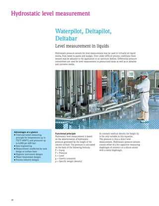 18
Hydrostatic level measurement
Waterpilot, Deltapilot,
Deltabar
Level measurement in liquids
Hydrostatic pressure sensors for level measurement may be used in virtually all liquid
media, from water to pastes and sludges. Even under difficult process conditions these
sensors may be adjusted to the application in an optimum fashion. Differential pressure
transmitters are used for level measurement in pressurized tanks as well as in abrasive
and corrosive media.
Functional principle
Hydrostatic level measurement is based
on the determination of hydrostatic
pressure generated by the height of the
column of fluid. The pressure is calculated
on the basis of the following formula:
P = h*ρ*g
P = Pressure
h = Level
g = Gravity (constant)
ρ = Specific weight (density)
Advantages at a glance
•	Tried and tested measuring
principle for temperatures up to
752°F (400°C) and pressures up
to 6,000 psi (420 bar)
•	Easy engineering
•	Measurement unaffected by tank
design or surface foam
•	Hygienic instrument designs
•	Water/wastewater designs
•	Process industry designs
In constant medium density the height (h)
is the only variable in this equation.
The pressure is thus a direct level
measurement. Hydrostatic pressure sensors
consist either of a dry capacitive measuring
diaphragm of ceramics or a silicon sensor
with a metal diaphragm.
 