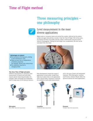Micropilot
Non-contact radar level measurement
Levelflex
Guided level radar measurement
Prosonic
Ultrasonic radar level measurement
Time of Flight method
Three measuring principles –
one philosophy
Level measurement in the most
diverse applications
Radar pulses or ultrasonic waves are emitted by a sender, reflected by the product
surface and again detected by a receiver. From the Time of Flight (ToF) of the pulse,
the distance between the sender and the surface is determined using the known
velocity of propagation. Taking the tank height into consideration, the level can be
calculated from this value.
Advantages at a glance
•	No mechanical moving parts, leading
to low maintenance costs
•	High accuracy due to independence
of medium properties
(for example: density and conductivity)
•	No calibration required in
changing media
The three Time of Flight principles
Different requirements in continuous level
measurement of liquids and bulk solids
require special measuring principles. For
example, radar technology has established
itself in large areas of the chemical industry.
New developments extend the range of
applications to bulk solids. Guided level
radar has its place both in silo applications
and in liquid media. Ultrasonics constitute
the standard in bulk solids measurement
and in the area of water and wastewater
treatment. With Micropilot, Levelflex
and Prosonic, Endress+Hauser offers the
optimum solution for many applications.
 