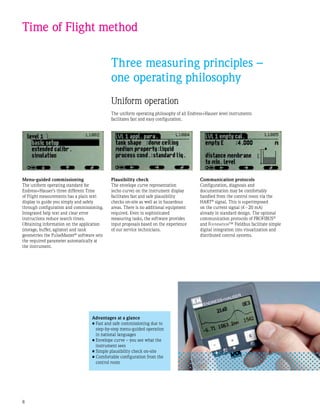 Time of Flight method
Uniform operation
The uniform operating philosophy of all Endress+Hauser level instruments
facilitates fast and easy configuration.
Three measuring principles –
one operating philosophy
Menu-guided commissioning
The uniform operating standard for
Endress+Hauser’s three different Time
of Flight measurements has a plain text
display to guide you simply and safely
through configuration and commissioning.
Integrated help text and clear error
instructions reduce search times.
Obtaining information on the application
(storage, buffer, agitator) and tank
geometries the PulseMaster®
software sets
the required parameter automatically at
the instrument.
Advantages at a glance
•	Fast and safe commissioning due to
step-by-step menu-guided operation
in national languages
•	Envelope curve – you see what the
instrument sees
•	Simple plausibility check on-site
•	Comfortable configuration from the
control room
Plausibility check
The envelope curve representation
(echo curve) on the instrument display
facilitates fast and safe plausibility
checks on-site as well as in hazardous
areas. There is no additional equipment
required. Even in sophisticated
measuring tasks, the software provides
input proposals based on the experience
of our service technicians.
Communication protocols
Configuration, diagnosis and
documentation may be comfortably
handled from the control room via the
HART®
signal. This is superimposed
on the current signal (4 - 20 mA)
already in standard design. The optional
communication protocols of PROFIBUS®
and Foundation™ Fieldbus facilitate simple
digital integration into visualization and
distributed control systems.
 