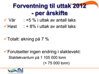 Forventning til uttak 2012
          - per årskifte
 Vår     : +5 % i uttak av antall laks
Høst     : + 8% i uttak av antall laks

Totalt: økning på 7 %

Forutsetter ingen endring i slaktevekt:
  Slaktekvantum på 1 105 000 tonn
                     (+ 75 000 tonn)
 