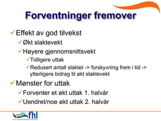 Forventninger fremover
Effekt av god tilvekst
  Økt slaktevekt
  Høyere gjennomsnittsvekt
     Tidligere uttak
     Redusert antall slaktet -> forskyvning frem i tid ->
      ytterligere bidrag til økt slaktevekt
Mønster for uttak
  Forventer et økt uttak 1. halvår
  Uendret/noe økt uttak 2. halvår
 
