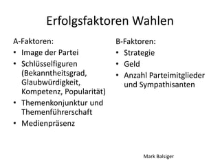 Erfolgsfaktoren Wahlen
A-Faktoren:
• Image der Partei
• Schlüsselfiguren
(Bekanntheitsgrad,
Glaubwürdigkeit,
Kompetenz, Popularität)
• Themenkonjunktur und
Themenführerschaft
• Medienpräsenz
B-Faktoren:
• Strategie
• Geld
• Anzahl Parteimitglieder
und Sympathisanten
Mark Balsiger
 