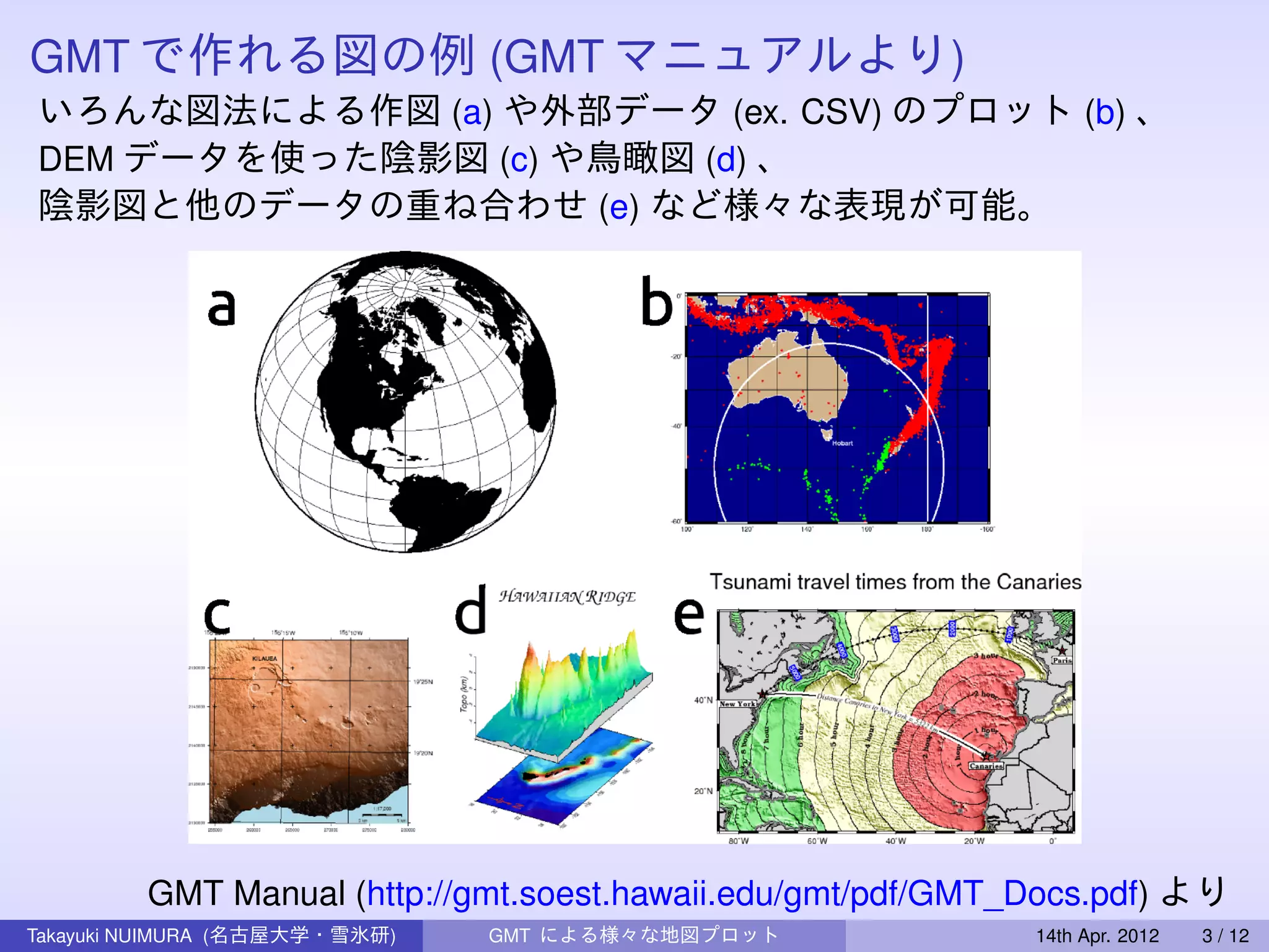 GMT で作れる図の例 (GMT マニュアルより)
いろんな図法による作図 (a) や外部データ (ex. CSV) のプロット (b) 、
DEM データを使った陰影図 (c) や鳥瞰図 (d) 、
陰影図と他のデータの重ね合わせ (e) など様々な表現が可能。




         GMT Manual (http://gmt.soest.hawaii.edu/gmt/pdf/GMT_Docs.pdf) より
Takayuki NUIMURA (名古屋大学・雪氷研)   GMT による様々な地図プロット              14th Apr. 2012   3 / 12
 