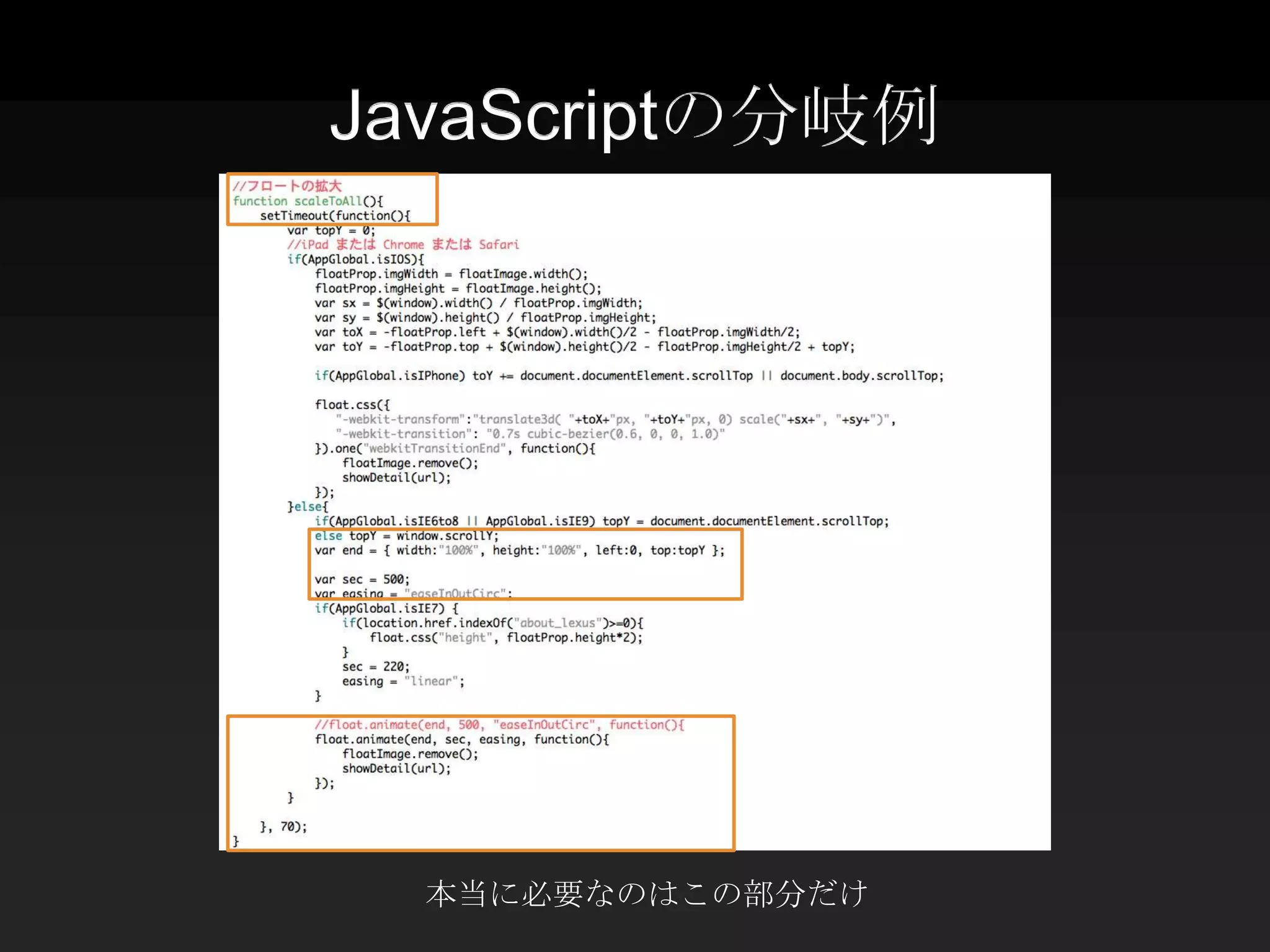 JavaScriptの分岐例




  本当に必要なのはこの部分だけ
 