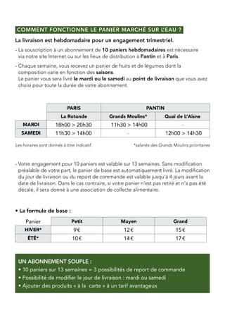 Comment fonctionne le panier Marché sur l’eau ?
L
 a livraison est hebdomadaire pour un engagement trimestriel.
-  a souscription à un abonnement de 10 paniers hebdomadaires est nécessaire
  L
  via notre site Internet ou sur les lieux de distribution à Pantin et à Paris.
-  haque semaine, vous recevez un panier de fruits et de légumes dont la
  C
  composition varie en fonction des saisons.
  Le panier vous sera livré le mardi ou le samedi au point de livraison que vous avez
  choisi pour toute la durée de votre abonnement.



                   Paris                                       Pantin
                         La Rotonde            Grands Moulins*            Quai de L’Aisne
    mardi              18h00  20h30             11h30  14h00                     -
   samedi              11h30  14h00                  -                     12h00  14h30

Les horaires sont donnés à titre indicatif.	              *salariés des Grands Moulins prioritaires



-  otre engagement pour 10 paniers est valable sur 13 semaines. Sans modification
  V
  préalable de votre part, le panier de base est automatiquement livré. La modification
  du jour de livraison ou du report de commande est valable jusqu’à 4 jours avant la
  date de livraison. Dans le cas contraire, si votre panier n’est pas retiré et n’a pas été
  décalé, il sera donné à une association de collecte alimentaire.



• La formule de base :

     Panier                    Petit               Moyen                       Grand
     hiver*                     9 
                                 €                  12 
                                                      €                         15 
                                                                                  €
      été*                      10 
                                  €                 14 
                                                      €                         17 
                                                                                  €



 Un abonnement souple :
 • 10 paniers sur 13 semaines = 3 possibilités de report de commande
 • Possibilité de modifier le jour de livraison : mardi ou samedi
 • Ajouter des produits « à la carte » à un tarif avantageux
 