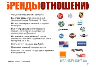 БРЕНДЫОТНОШЕНИЙ
02 PHILOSOPHY


  • Фокус на поддержании контакта
    RELATIONSHIP BRANDS
  • Быстрее создается по сравнению
    транзакционными брэндами (5-15 лет)
    • Connectivity focused
  • Проще расширить на новые товарные
    • Faster to build compared with equally valued
    категории
      transaction brands (5—15 years)
  • Вместо традиционного массового
    • Easier to extend into мероприятия,
    маркетинга интернет, new categories
    спонсорство, ко-брендинг
  • • Less traditional media marketing instead
    Постоянное появление небольших
      web, events, sponsoring, co-branding
    инноваций, вовлекая потребителей (бета-
    тестирование и пр.)
    • Constant flow of small innovations involving
  • Лояльность = «мыслю сердцем»
      customers (type beta-testing)
  • Создание историй, продажа мечты
    • Loyalty is a state of mind
  • Брендинг отношений создет долгосрочные
    возможности
    • Story telling, dream selling, refreshing
      narrative important

HR#Форум,#Казань#//#18#апреля#2012
                                                     37
 