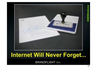 @SEMitrofanov
    Internet Will Never Forget...
                                     BRANDFLIGHT               BRANDFLIGHT
                                                   FULL
                                                   POTENTIAL
                                                   BRANDING
HR#Форум,#Казань#//#18#апреля#2012
                                                                              89
 