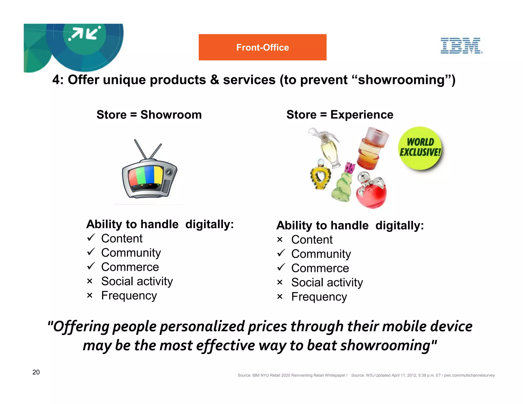 Front-Office


     4: Offer unique products & services (to prevent “showrooming”)

            Store = Showroom                                      Store = Experience




          Ability to handle digitally:                       Ability to handle digitally:
            Content                                          × Content
            Community                                          Community
            Commerce                                           Commerce
          × Social activity                                  × Social activity
          × Frequency                                        × Frequency

     "Offering people personalized prices through their mobile device
          may be the most effective way to beat showrooming"
20                                       Source: IBM NYU Retail 2020 Reinventing Retail Whitepaper / Source: WSJ Updated April 11, 2012, 5:38 p.m. ET / pwc.com/multichannelsurvey
 