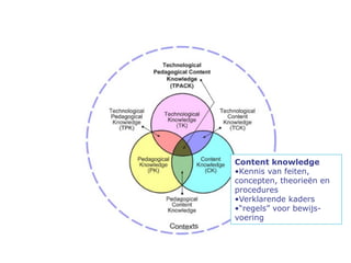 Content knowledge
•Kennis van feiten,
concepten, theorieën en
procedures
•Verklarende kaders
•“regels” voor bewijs-
voering
 