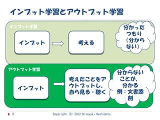 インプット学習とアウトプット学習
インプット学習                                               分かった
                                                       つもり
     インプット                   考える                      （分から
                                                       ない）



アウトプット学習
                                                     分からない
                       考えたことをア                        ことが、
                       ウトプットし、                         分かる
     インプット
                       自ら見る・聴く                       例：文書添
                                                        削

 9           Copyright (C) 2012 Hisayuki Hashimoto
 