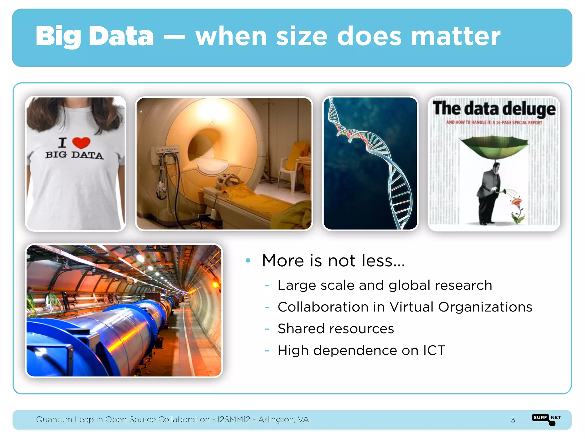 Big Data — when size does matter




                                                   • More is not less...
                                                        - Large scale and global research
                                                        - Collaboration in Virtual Organizations
                                                        - Shared resources
                                                        - High dependence on ICT



Quantum Leap in Open Source Collaboration - I2SMM12 - Arlington, VA                         3
 