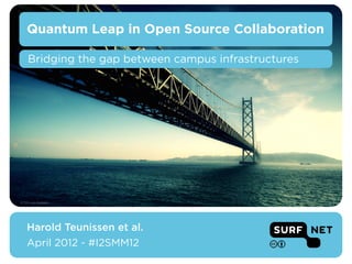Quantum Leap in Open Source Collaboration

    Bridging the gap between campus infrastructures




© Ton van Alebeek




   Harold Teunissen et al.
   April 2012 - #I2SMM12
 
