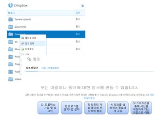 1) 드롭박스
가입 및 로
그인
2) 프로그램
설치/ 앱 설치
3) 컴퓨터 자
료 폴더에 저
장하여 홗용
4) 링크를 생
성하여 동료에
게 공유
5) 스마트폰을
통해 사짂을
저장하여 데스
크탑으로 이동
 