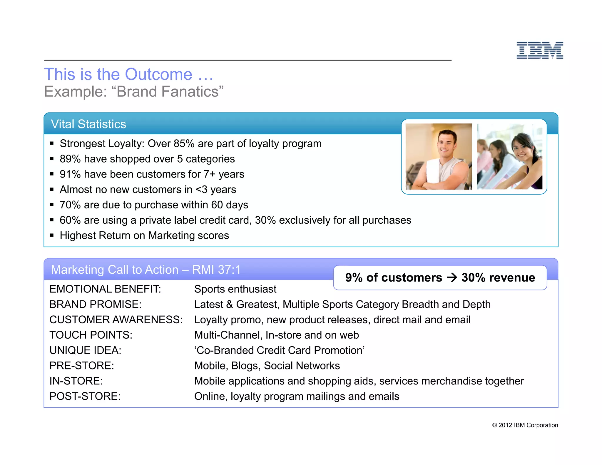 This is the Outcome
Example: “Brand Fanatics”

Vital Statistics
  Strongest Loyalty: Over 85% are part of loyalty program
  89% have shopped over 5 categories
  91% have been customers for 7+ years
  Almost no new customers in <3 years
  70% are due to purchase within 60 days
  60% are using a private label credit card, 30% exclusively for all purchases
  Highest Return on Marketing scores


Marketing Call to Action – RMI 37:1
                                                               9% of customers        30% revenue
EMOTIONAL BENEFIT:             Sports enthusiast
BRAND PROMISE:                 Latest & Greatest, Multiple Sports Category Breadth and Depth
CUSTOMER AWARENESS:            Loyalty promo, new product releases, direct mail and email
TOUCH POINTS:                  Multi-Channel, In-store and on web
UNIQUE IDEA:                   ‘Co-Branded Credit Card Promotion’
PRE-STORE:                     Mobile, Blogs, Social Networks
IN-STORE:                      Mobile applications and shopping aids, services merchandise together
POST-STORE:                    Online, loyalty program mailings and emails

                                                                                            © 2012 IBM Corporation
 