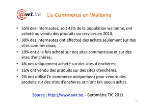 L’e-Commerce en Wallonie

• 55% des internautes, soit 42% de la population wallonne, ont
  acheté ou vendu des produits ou services en 2010.
• 30% des internautes ont effectué des achats seulement sur des
  sites commerciaux;
• 19% ont à la fois acheté sur des sites commerciaux et sur des
  sites d'enchères;
• 4% ont uniquement acheté sur des sites d'enchères;
• 16% ont vendu des produits sur des sites d'enchères;
• 2% ont utilisé l'e-commerce uniquement pour vendre des
  produits sur des sites d'enchères et n'ont fait aucun achat.

        Source : http://www.awt.be – Baromètre TIC 2011
                                                              10
 