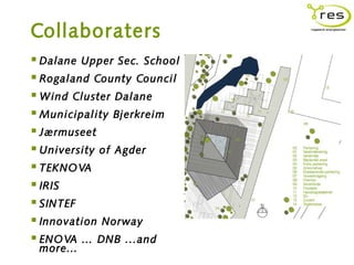 Collaboraters
 Dalane Upper Sec. School
 Rogaland County Council
 Wind Cluster Dalane
 Municipality Bjerkreim
 Jærmuseet
 University of Agder
 TEKNOVA
 IRIS
 SINTEF
 Innovation Norway
 ENOVA … DNB ...and
 more…
 