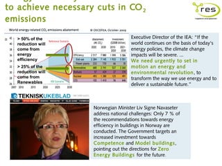 to achieve necessary cuts in CO 2
emissions

  > 50% of the                       Executive Director of the IEA: “If the
  reduction will                     world continues on the basis of today's
  come from                          energy policies, the climate change
  energy                             impacts will be severe. ...
  efficiency                         We need urgently to set in
  > 25% of the                       motion an energy and
  reduction will                     environmental revolution , to
  come from                          transform the way we use energy and to
  Renewables
                                     deliver a sustainable future.”



                    Norwegian Minister Liv Signe Navaseter
                    address national challenges: Only 7 % of
                    the recommendations towards energy
                    efficiency in buildings in Norway are
                    conducted. The Government targets an
                    increased investment towards
                    Competence and Model buildings,
                    pointing out the directions for Zero
                    Energy Buildings for the future.
 
