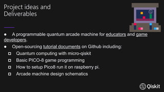  A programmable quantum arcade machine for educators and game
developers.
 Open-sourcing tutorial documents on Github including:
 Quantum computing with micro-qiskit
 Basic PICO-8 game programming
 How to setup Pico8 run it on raspberry pi.
 Arcade machine design schematics
Project ideas and
Deliverables
 