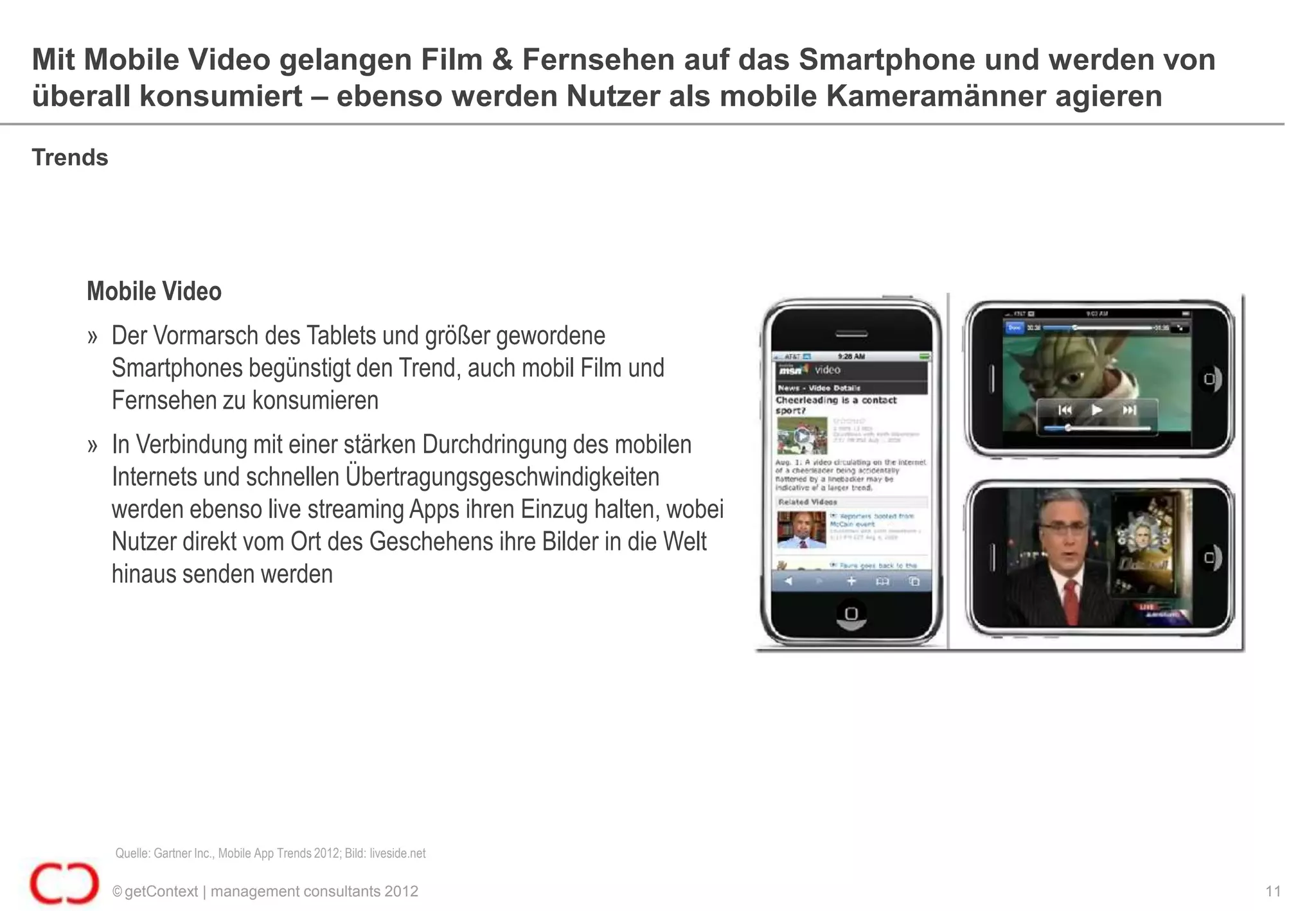 Mit Mobile Video gelangen Film & Fernsehen auf das Smartphone und werden von
überall konsumiert – ebenso werden Nutzer als mobile Kameramänner agieren
Trends




    Mobile Video
    » Der Vormarsch des Tablets und größer gewordene
      Smartphones begünstigt den Trend, auch mobil Film und
      Fernsehen zu konsumieren
    » In Verbindung mit einer stärken Durchdringung des mobilen
      Internets und schnellen Übertragungsgeschwindigkeiten
      werden ebenso live streaming Apps ihren Einzug halten, wobei
      Nutzer direkt vom Ort des Geschehens ihre Bilder in die Welt
      hinaus senden werden




         Quelle: Gartner Inc., Mobile App Trends 2012; Bild: liveside.net

         © getContext | management consultants 2012                            11
 
