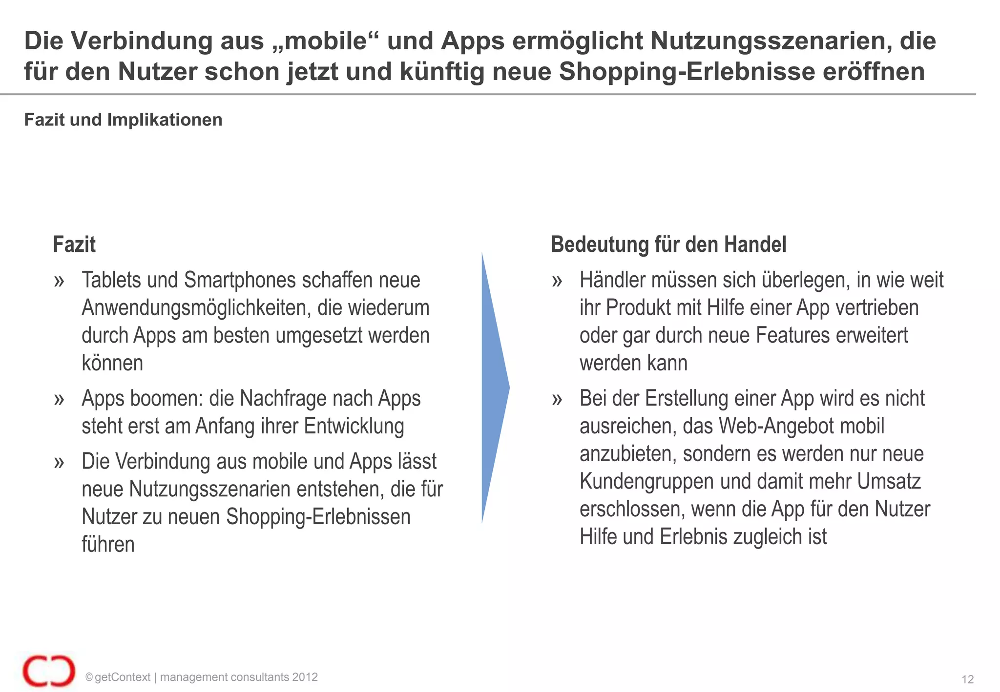 Die Verbindung aus „mobile“ und Apps ermöglicht Nutzungsszenarien, die
für den Nutzer schon jetzt und künftig neue Shopping-Erlebnisse eröffnen
Fazit und Implikationen




   Fazit                                            Bedeutung für den Handel
   » Tablets und Smartphones schaffen neue          » Händler müssen sich überlegen, in wie weit
     Anwendungsmöglichkeiten, die wiederum            ihr Produkt mit Hilfe einer App vertrieben
     durch Apps am besten umgesetzt werden            oder gar durch neue Features erweitert
     können                                           werden kann
   » Apps boomen: die Nachfrage nach Apps           » Bei der Erstellung einer App wird es nicht
     steht erst am Anfang ihrer Entwicklung           ausreichen, das Web-Angebot mobil
   » Die Verbindung aus mobile und Apps lässt         anzubieten, sondern es werden nur neue
     neue Nutzungsszenarien entstehen, die für        Kundengruppen und damit mehr Umsatz
     Nutzer zu neuen Shopping-Erlebnissen             erschlossen, wenn die App für den Nutzer
     führen                                           Hilfe und Erlebnis zugleich ist




       © getContext | management consultants 2012                                                  12
 