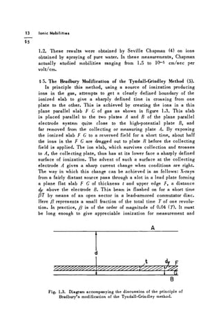 13 Ionic Mobilities
§ 5
1.2. These results were obtained by Seville Chapman (4) on ions
obtained by spraying of pure water. In these measurements, Chapman
actually studied mobilities ranging from 1.5 to 10-5 cm/sec per
volt/cm.
§ 5. The Bradbury Modification of the Tyndall-Grindley Method (5).
In principle this method, using a source of ionization producing
ions in the gas, attempts to get a clearly defined boundary of the
ionized slab to give a sharply defined time in crossing from one
plate to the other. This is achieved by creating the ions in a thin
plane parallel slab F G of gas as shown in figure 1.3. This slab
is placed parallel to the two plates A and B of the plane parallel
electrode system quite close to the high-potential plate B, and
far removed from the collecting or measuring plate A. By exposing
the ionized slab F G to a reversed field for a short time, about half
the ions in the F G are dragged out to plate B before the collecting
field is applied. The ion slab, which survives collection and crosses
to A, the collecting plate, thus has at its lower face a sharply defined
surface of ionization. The advent of such a surface at the collecting
electrode A gives a sharp current change when conditions are right.
The way in which this change can be achieved is as follows: X-rays
from a fairly distant source pass through a slot in a lead plate forming
a plane flat slab F G of thickness t and upper edge F, a distance
dp above the electrode B. This beam is flashed on for a short time
/3T by means of an open sector in a lead-armored commutator disc.
Here ¡3 represents a small fraction of the total time T of one revolu-
tion. In practice, j8 is of the order of magnitude of 0.04 (T). It must
be long enough to give appreciable ionization for measurement and
A
c1
> d F F
l 6
B
Fig. 1.3. Diagram accompanying the discussion of the principle of
Bradbury's modification of the Tyndall-Grindley method.
 