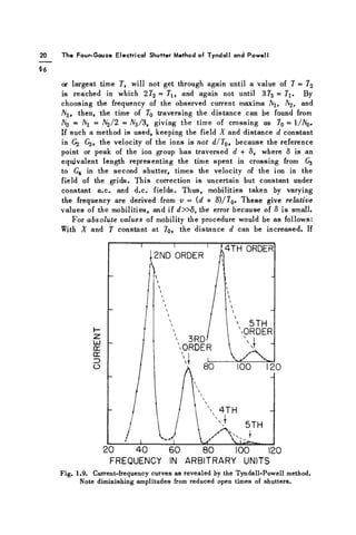 20 T h e F o u r - G a u z e Electrical Shutter Method of T y n d a l l and P o w e l l
or largest time 7, will not get through again until a value of 7 = 72
is reached in which 272
=
7l f and again not until 3?3 = 7j. By
choosing the frequency of the observed current maxima Aj, A2, and
A3, then, the time of 70 traversing the distance can be found from
Aq = Ni = A2/2 = A^/3, giving the time of crossing as 70 = 1/A0 .
If such a method is used, keeping the field X and distance d constant
in (¡2 C3, the velocity of the ions is not d/T0, because the reference
point or peak of the ion group has traversed d + 8, where 8 is an
equivalent length representing the time spent in crossing from G3
to G4 in the second shutter, times the velocity of the ion in the
field of the grids. This correction is uncertain but constant under
constant a.c. and d.c. fields. Thus, mobilities taken by varying
the frequency are derived from v = (d + S)/70. These give relative
values of the mobilities, and if d»S, the error because of S is small.
For absolute values of mobility the procedure would be as follows:
With X and 7 constant at 7q, the distance d can be increased. If
FREQUENCY IN ARBITRARY UNITS
Fig. 1.9. Current-frequency curves as revealed by the Tyndall-Powell method.
Note diminishing amplitudes from reduced open times of shutters.
 