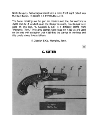 31
Nashville guns. Full octagon barrel with a brass front sight milled into
the steel barrel. Its caliber is a tremendous .510.
The barrel markings on this gun are made in one line, but contrary to
#209 and #214 in which case one stamp was used, two stamps were
used on this one. “F. Glassick & Co.” is a different stamp from
“Memphis, Tenn.” The same stamps were used on #210 as are used
on this one with exception that #210 has the stamps in two lines and
this one is in one line as follows:
F. Glassick & Co., Memphis, Tenn.
C. SUTER
 
