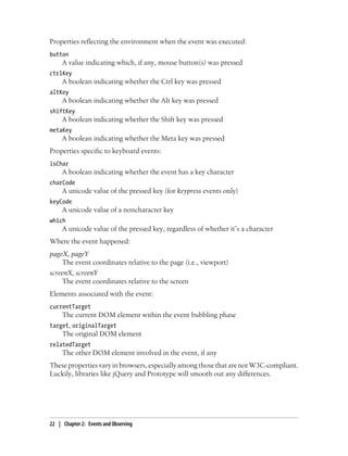 Properties reflecting the environment when the event was executed:
button
A value indicating which, if any, mouse button(s) was pressed
ctrlKey
A boolean indicating whether the Ctrl key was pressed
altKey
A boolean indicating whether the Alt key was pressed
shiftKey
A boolean indicating whether the Shift key was pressed
metaKey
A boolean indicating whether the Meta key was pressed
Properties specific to keyboard events:
isChar
A boolean indicating whether the event has a key character
charCode
A unicode value of the pressed key (for keypress events only)
keyCode
A unicode value of a noncharacter key
which
A unicode value of the pressed key, regardless of whether it’s a character
Where the event happened:
pageX, pageY
The event coordinates relative to the page (i.e., viewport)
screenX, screenY
The event coordinates relative to the screen
Elements associated with the event:
currentTarget
The current DOM element within the event bubbling phase
target, originalTarget
The original DOM element
relatedTarget
The other DOM element involved in the event, if any
These properties vary in browsers, especially among those that are not W3C-compliant.
Luckily, libraries like jQuery and Prototype will smooth out any differences.
22 | Chapter 2: Events and Observing
 