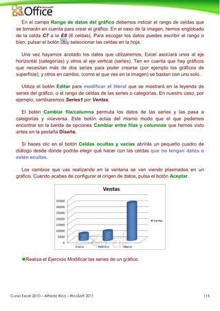 Curso Excel 2010 – Alfredo Rico – RicoSoft 2011 115
En el campo Rango de datos del gráfico debemos indicar el rango de celdas que
se tomarán en cuenta para crear el gráfico. En el caso de la imagen, hemos englobado
de la celda C7 a la E8 (6 celdas). Para escoger los datos puedes escribir el rango o
bien, pulsar el botón y seleccionar las celdas en la hoja.
Una vez hayamos acotado los datos que utilizaremos, Excel asociará unos al eje
horizontal (categorías) y otros al eje vertical (series). Ten en cuenta que hay gráficos
que necesitan más de dos series para poder crearse (por ejemplo los gráficos de
superficie), y otros en cambio, (como el que ves en la imagen) se bastan con uno solo.
Utiliza el botón Editar para modificar el literal que se mostrará en la leyenda de
series del gráfico, o el rango de celdas de las series o categorías. En nuestro caso, por
ejemplo, cambiaremos Series1 por Ventas.
El botón Cambiar fila/columna permuta los datos de las series y las pasa a
categorías y viceversa. Este botón actúa del mismo modo que el que podemos
encontrar en la banda de opciones Cambiar entre filas y columnas que hemos visto
antes en la pestaña Diseño.
Si haces clic en el botón Celdas ocultas y vacías abrirás un pequeño cuadro de
diálogo desde donde podrás elegir qué hacer con las celdas que no tengan datos o
estén ocultas.
Los cambios que vas realizando en la ventana se van viendo plasmados en un
gráfico. Cuando acabes de configurar el origen de datos, pulsa el botón Aceptar.
Realiza el Ejercicio Modificar las series de un gráfico.
 