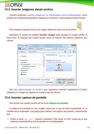 Curso Excel 2010 – Alfredo Rico – RicoSoft 2011 124
13.3. Insertar imágenes desde archivo
También podemos insertar imágenes no clasificadas como prediseñadas, como
pueden ser imágenes fotográficas creadas por nosotros o descargadas desde internet.
Para insertar cualquier archivo de imagen debemos hacer clic en el botón .
Aparecerá el cuadro de diálogo Insertar imagen para escoger la imagen desde el
disco duro. El aspecto del cuadro puede variar en función del sistema operativo que
utilices.
Una vez seleccionado el archivo que queremos importar pulsaremos el botón
Insertar y la imagen se copiará en nuestra hoja de cálculo.
13.4. Insertar captura de pantalla
Una opción que puede resultar útil es la de Captura de pantalla.
La captura de pantalla es una imagen exacta de lo que se está visualizando en la
pantalla de tu ordenador. Los pasos para realizar una captura de pantalla, normalmente
son:
1. Pulsar la tecla Imp pant (Imprimir pantalla). Para hacer la "foto" (copia de lo que
estamos visualizando) y que se guarde en el portapapeles.
 