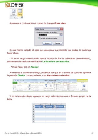 Curso Excel 2010 – Alfredo Rico – RicoSoft 2011 159
Aparecerá a continuación el cuadro de diálogo Crear tabla.
Si nos hemos saltado el paso de seleccionar previamente las celdas, lo podemos
hacer ahora.
- Si en el rango seleccionado hemos incluido la fila de cabeceras (recomendado),
activaremos la casilla de verificación La lista tiene encabezados.
- Al final hacer clic en Aceptar.
Al cerrarse el cuadro de diálogo, podemos ver que en la banda de opciones aparece
la pestaña Diseño, correspondiente a las Herramientas de tabla:
Y en la hoja de cálculo aparece en rango seleccionado con el formato propio de la
tabla.
 