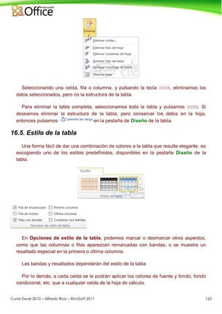 Curso Excel 2010 – Alfredo Rico – RicoSoft 2011 163
Seleccionando una celda, fila o columna, y pulsando la tecla SUPR, eliminamos los
datos seleccionados, pero no la estructura de la tabla.
Para eliminar la tabla completa, seleccionamos toda la tabla y pulsamos SUPR. Si
deseamos eliminar la estructura de la tabla, pero conservar los datos en la hoja,
entonces pulsamos en la pestaña de Diseño de la tabla.
16.5. Estilo de la tabla
Una forma fácil de dar una combinación de colores a la tabla que resulte elegante, es
escogiendo uno de los estilos predefinidos, disponibles en la pestaña Diseño de la
tabla.
En Opciones de estilo de la tabla, podemos marcar o desmarcar otros aspectos,
como que las columnas o filas aparezcan remarcadas con bandas, o se muestre un
resaltado especial en la primera o última columna.
Las bandas y resaltados dependerán del estilo de la tabla.
Por lo demás, a cada celda se le podrán aplicar los colores de fuente y fondo, fondo
condicional, etc. que a cualquier celda de la hoja de cálculo.
 